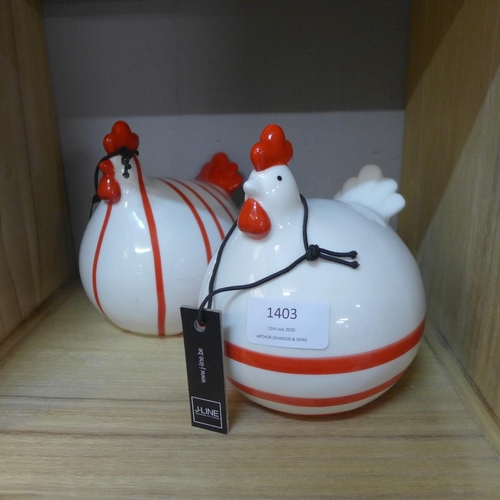 1403 - A pair of red ceramic chickens (9042208)   #