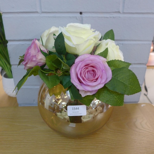 1544 - A gold glass bowl with silk flower arrangement of ivory, pink roses & foliage, set in acrylic solid ... 