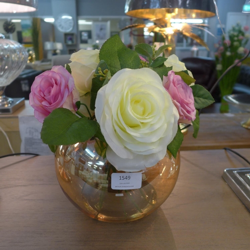 1549 - A gold glass bowl with silk flower arrangement of ivory, pink roses & foliage, set in acrylic solid ... 