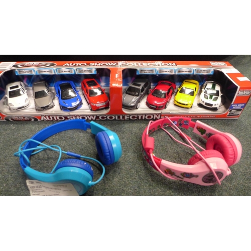 3150 - Two Pairs Of Kid'S Motorola Headphones, A Pack Of Eight Auto Show Cars, A 50