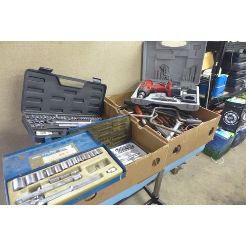 2067 - Box of misc. tools, 3 socket sets & an a/f 12v Power Devil drill with battery & charger