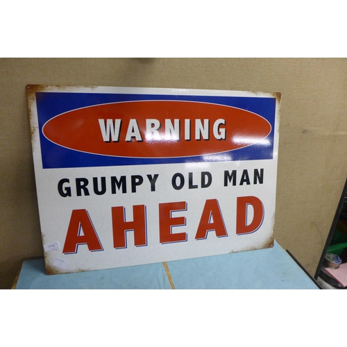 2076 - Large tin plate sign - Warning Grumpy Old Man Ahead *This lot is subject to vat