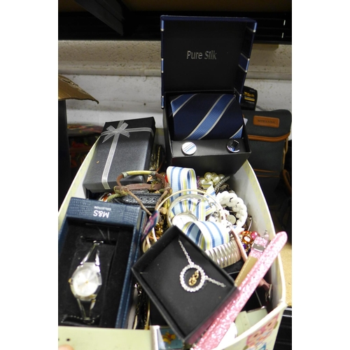 2122 - Box of costume jewellery, approx. 9 watches, silk tie & cufflinks