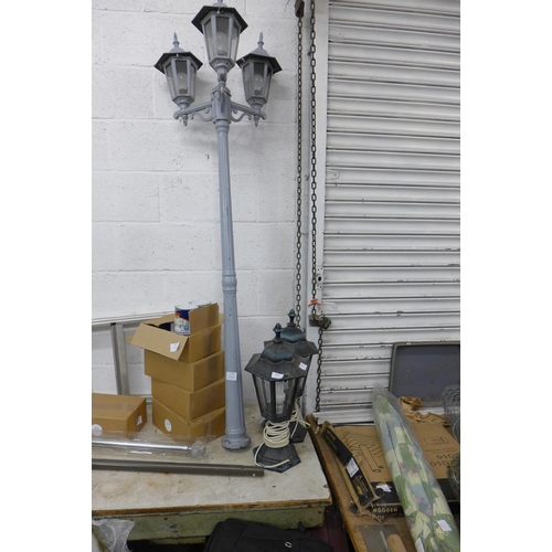 2405 - 2 Lanterns, 3 head metal garden light unit - approx. height 5'