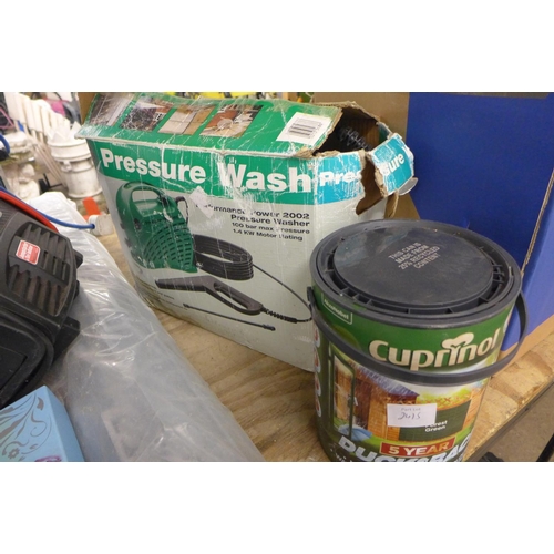 2415 - Pro Performance 100 bar pressure washer - W and 5ltr tin of Cuprinol forest green for sheds and fenc... 