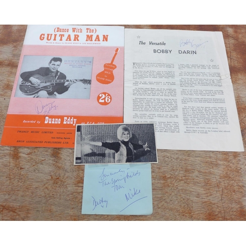 685 - Pop music; autographed Springfields group by Dusty, Tom and Mike, Bobby Darin signed programme and D... 