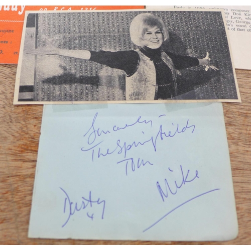 685 - Pop music; autographed Springfields group by Dusty, Tom and Mike, Bobby Darin signed programme and D... 