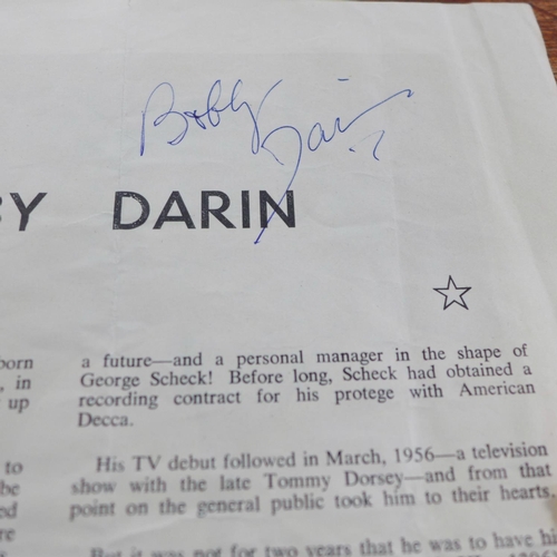 685 - Pop music; autographed Springfields group by Dusty, Tom and Mike, Bobby Darin signed programme and D... 