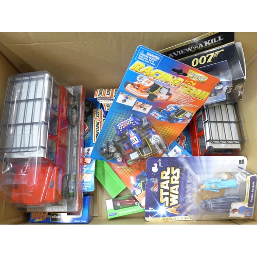 719 - A box of mixed die-cast and other model vehicles, including Majorette, James Bond 007, Star Wars fig... 