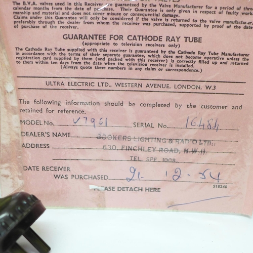 781 - An Ultra ivory Bakelite radio with receipt dated 1954