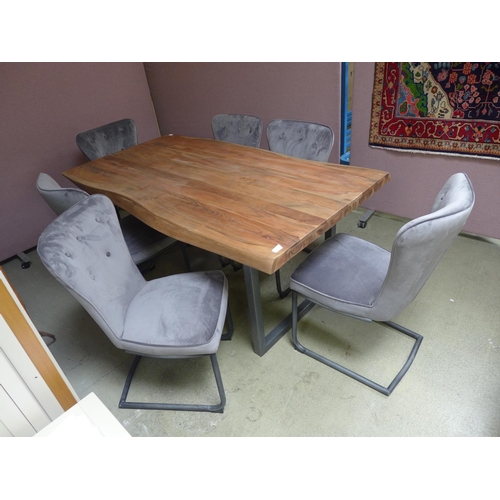 1774 - A Live Edge dining table and six Arjun grey velvet chairs