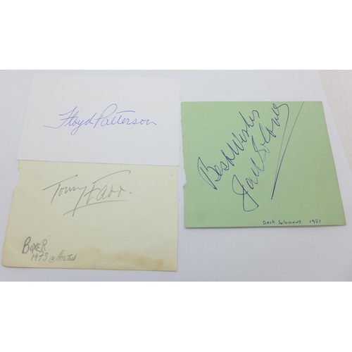 834 - Three 'vintage' boxing autographs, Floyd Patterson, Tommy Farr and Jack Solomans