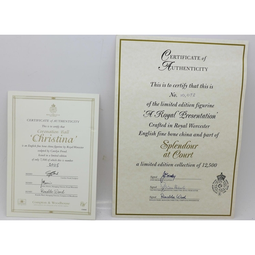 605 - Two Royal Worcester figures, Christina and Splendour at Court, with certificates