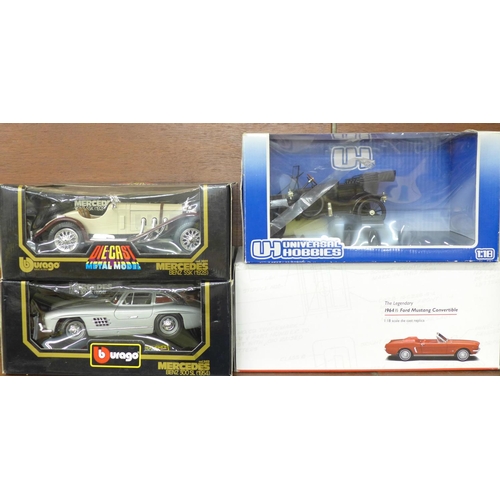614 - Four 1 1/18 scale die-cast model vehicles, Mercedes Benz 300SL 1954 and SSK 1928, Ford Model T Touri... 