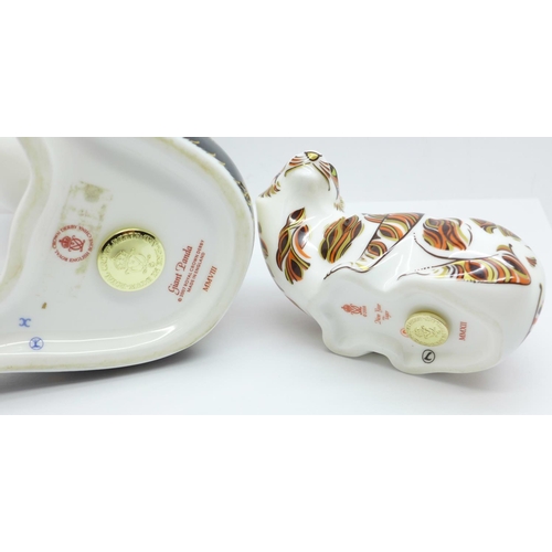 651 - Two Royal Crown Derby paperweights, Giant Panda and New Year Tiger, both with gold stoppers, boxed
