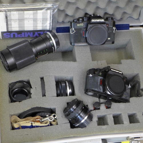 784 - Olympus OM40 35mm film cameras x2, four lenses, (Sigma mini-wide II 1:2.8, Olympus Auto-S 50mm 1:1.8... 