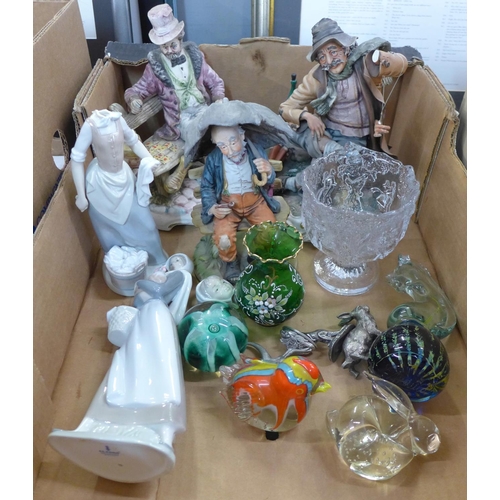 792 - Three Capodimonte figures, a Lladro and a Nao figure, M'dina glass paperweight, other paperweights, ... 