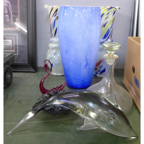 796 - A pair of Murano glass vases, a large heavy glass model of a dolphin, a tall blue glass vase and oth... 