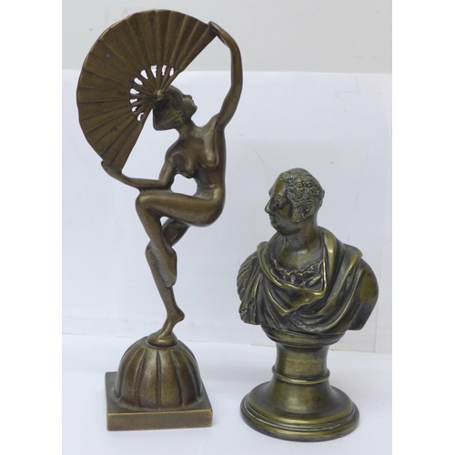 804 - A brass Art Deco style figure and a metal bust of the Duke of York