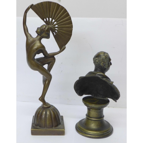 804 - A brass Art Deco style figure and a metal bust of the Duke of York