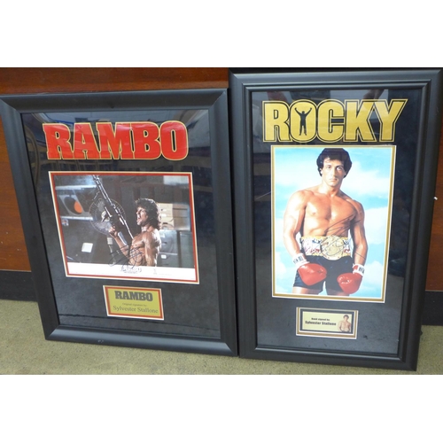 819 - Two Sylvester Stallone mounted and framed photographs with signatures, Rocky and Rambo, First Blood ... 