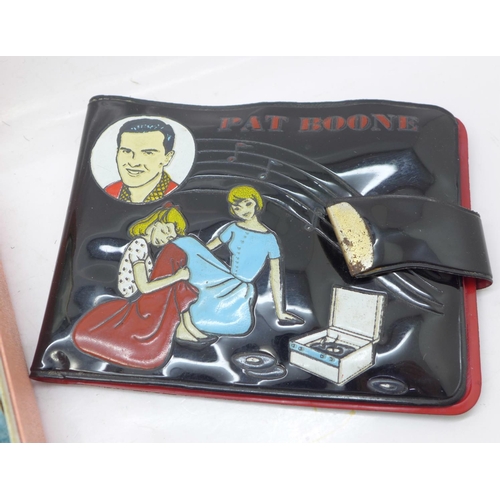 828 - Rock n Roll interest, Pat Boone 1950's/60's wallet, brooch and jewellery box