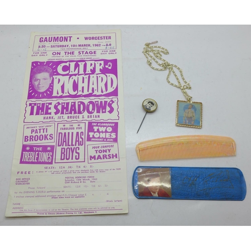 837 - Cliff Richard collection, Gaumont flyer, 1962, a 1960's necklace and comb and pin badge