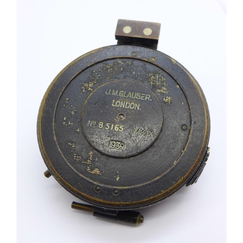 877 - A military compass by J.M. Glauser, London, No. B5165 MK.IX, 1939