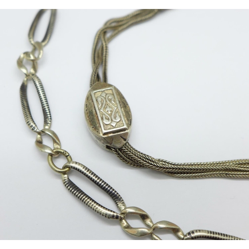 1037 - Two white metal watch chains including one niello