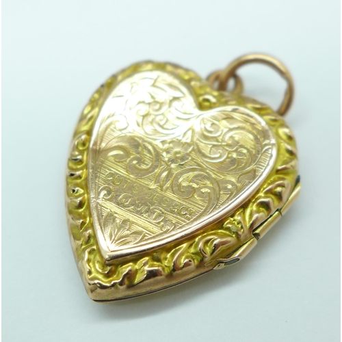 1038 - A 9ct gold brooch, 2g, a silver brooch with applied gold decoration and a 9ct gold covered locket, m... 