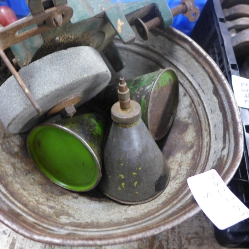 2374 - 3 Vintage oil cans with hand operated grinder