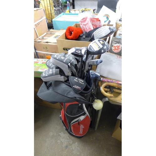 2382 - Slazenger golf club bag with big Ezee Hybrid irons 4/SW, 1 putter & collection of woods, size 9 shoe... 