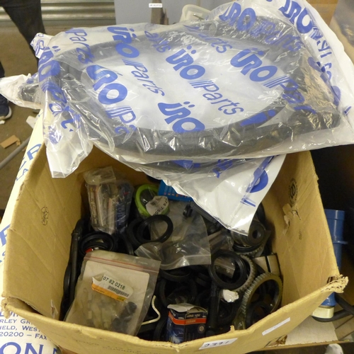 2391 - Large box of car spare parts inc. seals, brushes, long bolts, spark plugs, etc., - all unused