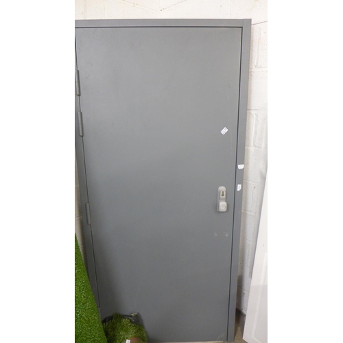 2478 - Steel security door & frame - no key - size approx. 208cm x 98cm (inc. frame)