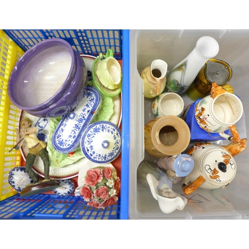 1181 - Two boxes of assorted china including Royal Doulton, Carlton Ware and a Bretby bowl, etc. **PLEASE N... 