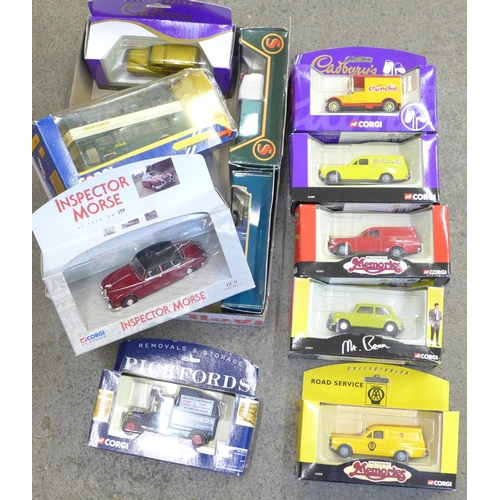 693 - Eleven Corgi model vehicles including advertising, Inspector Morse, Mr. Bean, (Green Line bus a/f), ... 