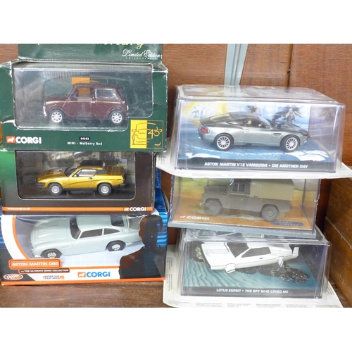 703 - Six model vehicles;- four by Corgi, Land Rover, TR7, Mini limited edition, James Bond Thunderball DB... 