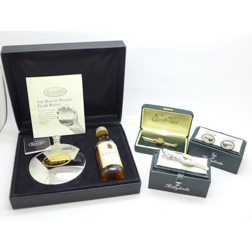 709 - A Dalvey hip flask, two tie-clips and a pair of cufflinks, boxed