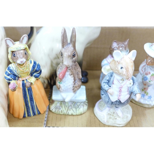 765 - Two Beswick Beatrix Potter figures, Fierce Bad Rabbit and Mrs. Ribby, three Royal Doulton figures, t... 