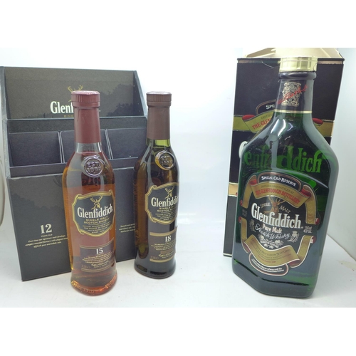 795 - A bottle of Glenfiddich Pure Malt Scotch Whisky and two of a three bottle set of Glenfiddich Single ... 