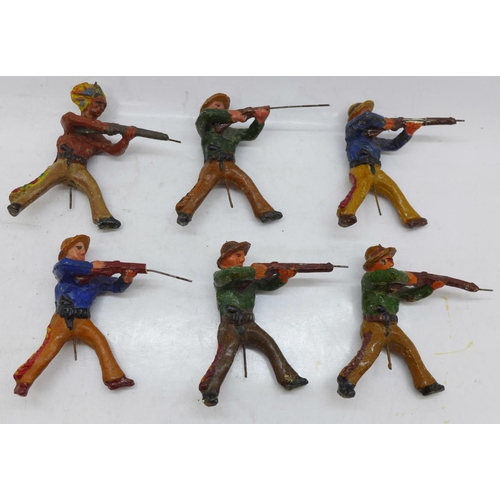 825 - Six pre-war German Elastolin wild-west figures, some a/f