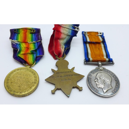 867 - A WWI trio of medals to M2-033687 Pte. J.H. Greenfield A.S.C.