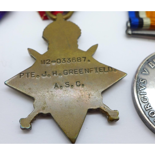 867 - A WWI trio of medals to M2-033687 Pte. J.H. Greenfield A.S.C.