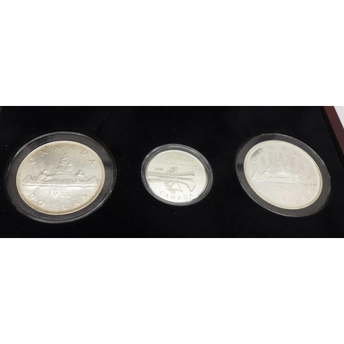 894 - The Canadian Silver Voyageur Set, two 1 dollar coins and a 20 dollar coin, limited edition, cased