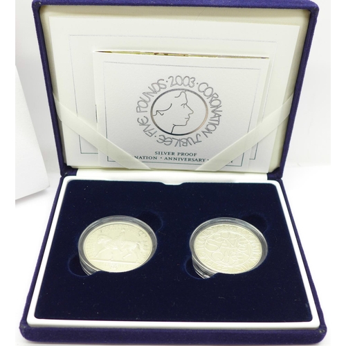 897 - Two 2003 Coronation Jubilee silver proof £5 coins, boxed