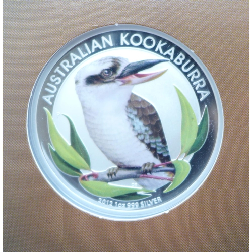 898 - Two 2012 Australian Outback 999. 1oz. silver coins, Kookaburra and Kangaroo, boxed, 31.1g each