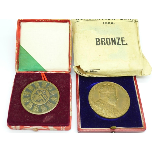 908 - An Edward VII 1902 Coronation medal in bronze, cased and with original envelope and a Chinese medal,... 