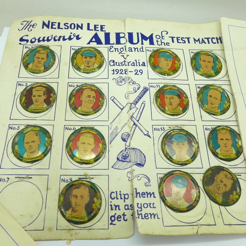 909 - The Nelson Lee Souvenir Album of the Test Matches, England v Australia 1928-29, 15 of 16 tin badges ... 