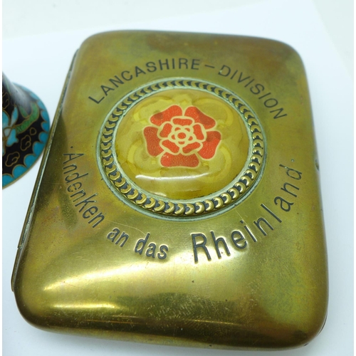 948 - A cigarette case marked Lancashire Division, spirit levels, cloisonne bell, boulder opal, etc.