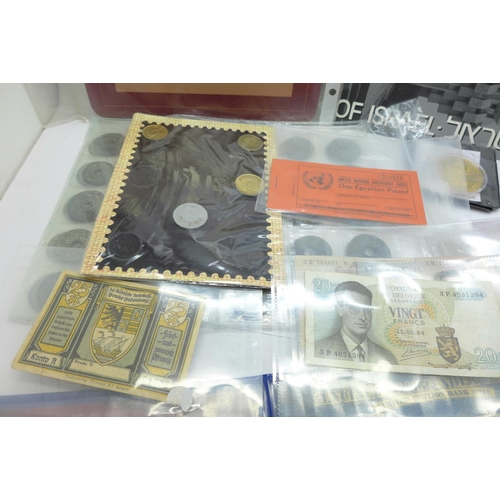 953 - A collection of world coins and banknotes including gold plated